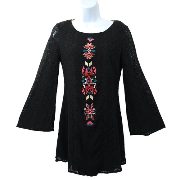 Flying Tomato Aztec Boho Tunic Top Mini Dress Long Bell Sleeve Sz M Black Lace - Picture 1 of 16